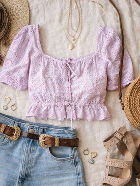 Lavender Eyelet Cotton Crop Top Puff Sleeve Boho Cottagecore Festival